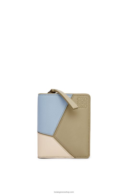 Loewe γυναίκες παζλ συμπαγές πορτοφόλι με φερμουάρ σε κλασικό δέρμα μοσχαριού RZR0J1213 σκονισμένο μπλε/φασκόμηλο