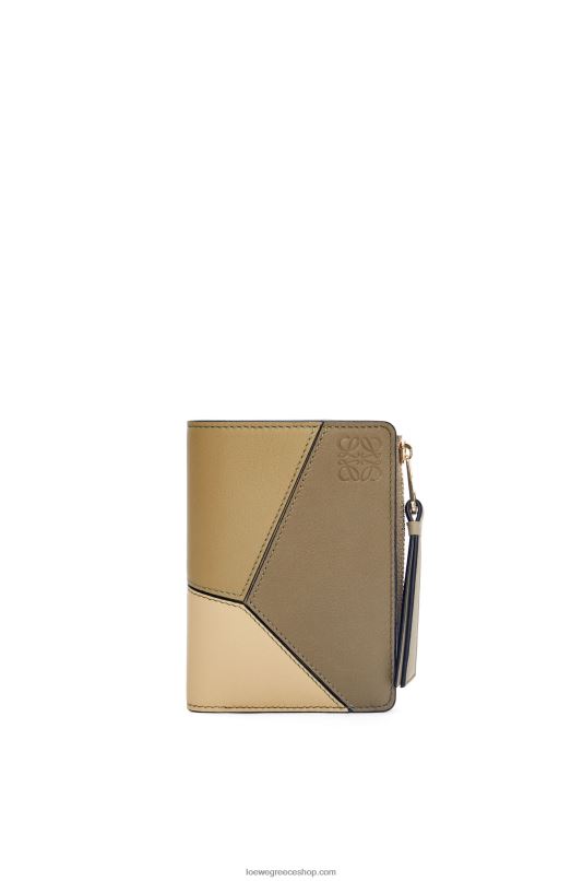 Loewe γυναίκες παζλ λεπτό δίπτυχο πορτοφόλι σε κλασική γάμπα RZR0J1258 πηλός πράσινος/βούτυρο