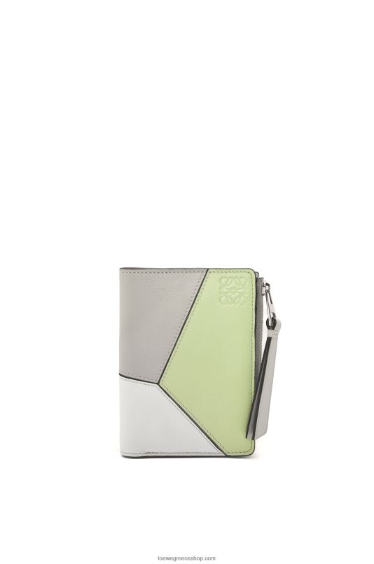 Loewe γυναίκες παζλ λεπτό δίπτυχο πορτοφόλι σε κλασική γάμπα RZR0J1260 τεφρό γκρι/ανοιχτό κελαντόνι