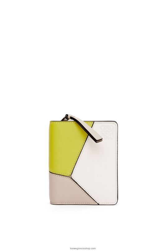 Loewe γυναίκες παζλ συμπαγές πορτοφόλι με φερμουάρ σε κλασικό δέρμα μοσχαριού RZR0J1262 ασβέστη κίτρινη/ανοιχτή βρώμη