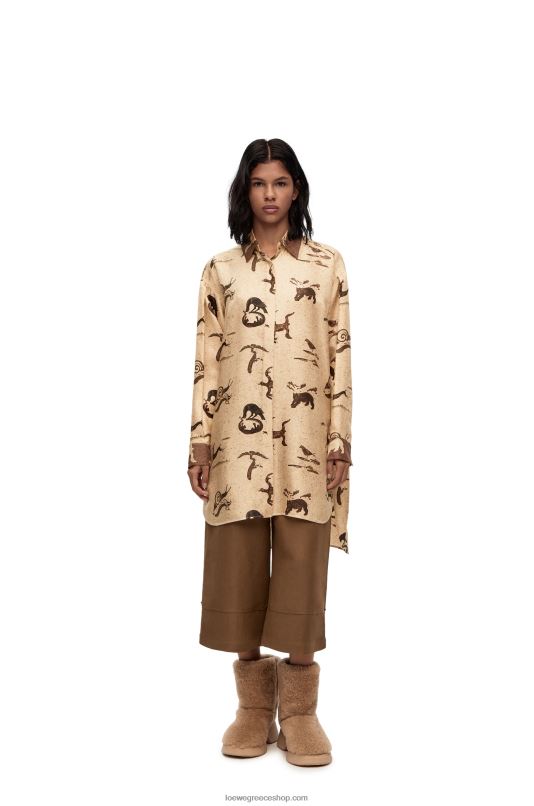 Loewe γυναίκες πουκάμισο με animal print oversize μεταξωτό RZR0J929 ανοιχτό μπεζ/καφέ