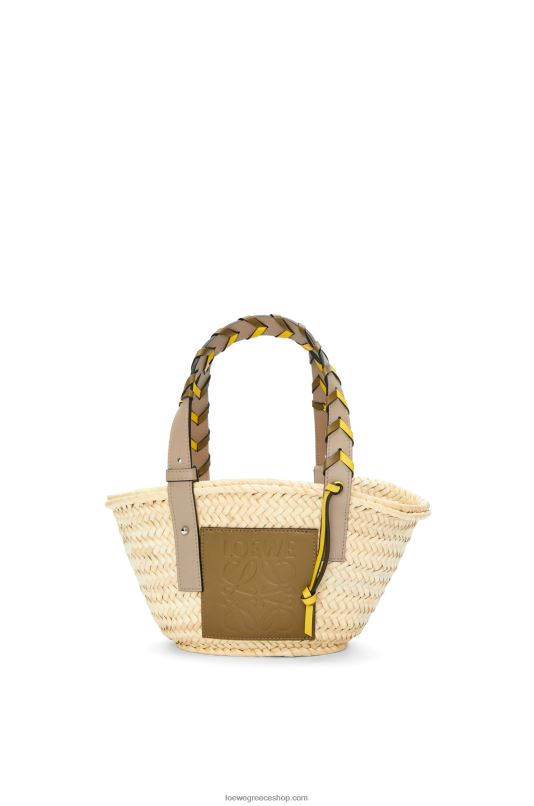 Loewe γυναίκες μικρό καλάθι τσάντα σε φύλλο φοίνικα με πλεκτό χερούλι σε δέρμα μοσχαριού RZR0J5 ελιά/άμμο