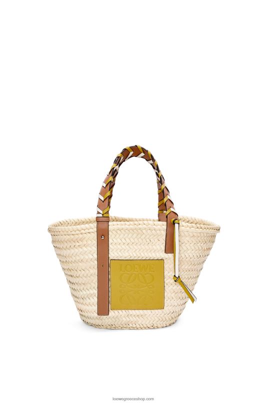 Loewe γυναίκες τσάντα καλαθιού σε φύλλο φοίνικα με πλεκτό χερούλι σε δέρμα μοσχαριού RZR0J6 ώχρα/μαύρισμα