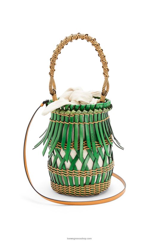 Loewe γυναίκες κρόσσια bucket bag σε δέρμα μοσχαριού RZR0J184 πράσινο/μελί