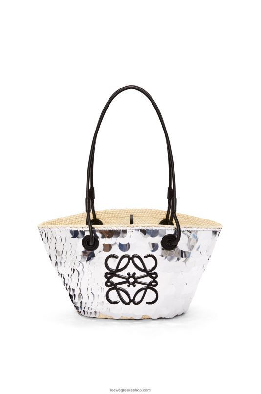 Loewe γυναίκες μικρό καλάθι αναγραμματισμού σε παλάμη iraca με παγιέτες και δέρμα μοσχαριού RZR0J109 ασήμι