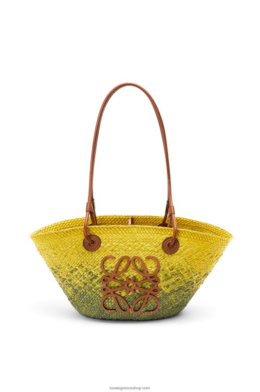 Loewe γυναίκες μικρό τσαντάκι με καλάθι αναγραμμάτων σε φοίνικα iraca και δέρμα μοσχαριού RZR0J64 χακί πράσινο/κίτρινο