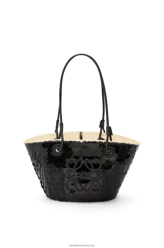 Loewe γυναίκες μικρό καλάθι αναγραμματισμού σε παλάμη iraca με παγιέτες και δέρμα μοσχαριού RZR0J71 μαύρος